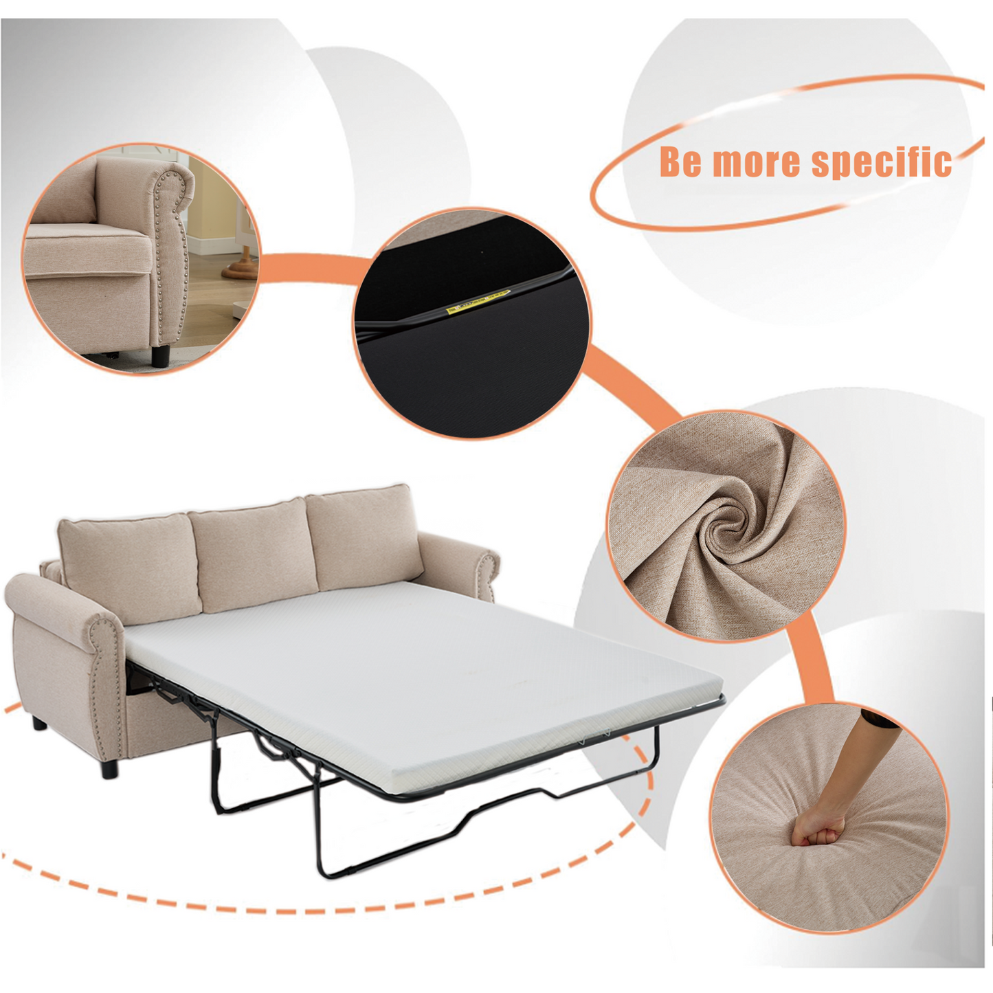 81.5" 2-in-1 Queen  Convertible Sleeper Sofa Bed,  Pull Out Couch Bed,3 seater sofa bed,with 3.35" Memory Foam Mattress ,Rivet handrail,Living Room, Apartment,  Beige