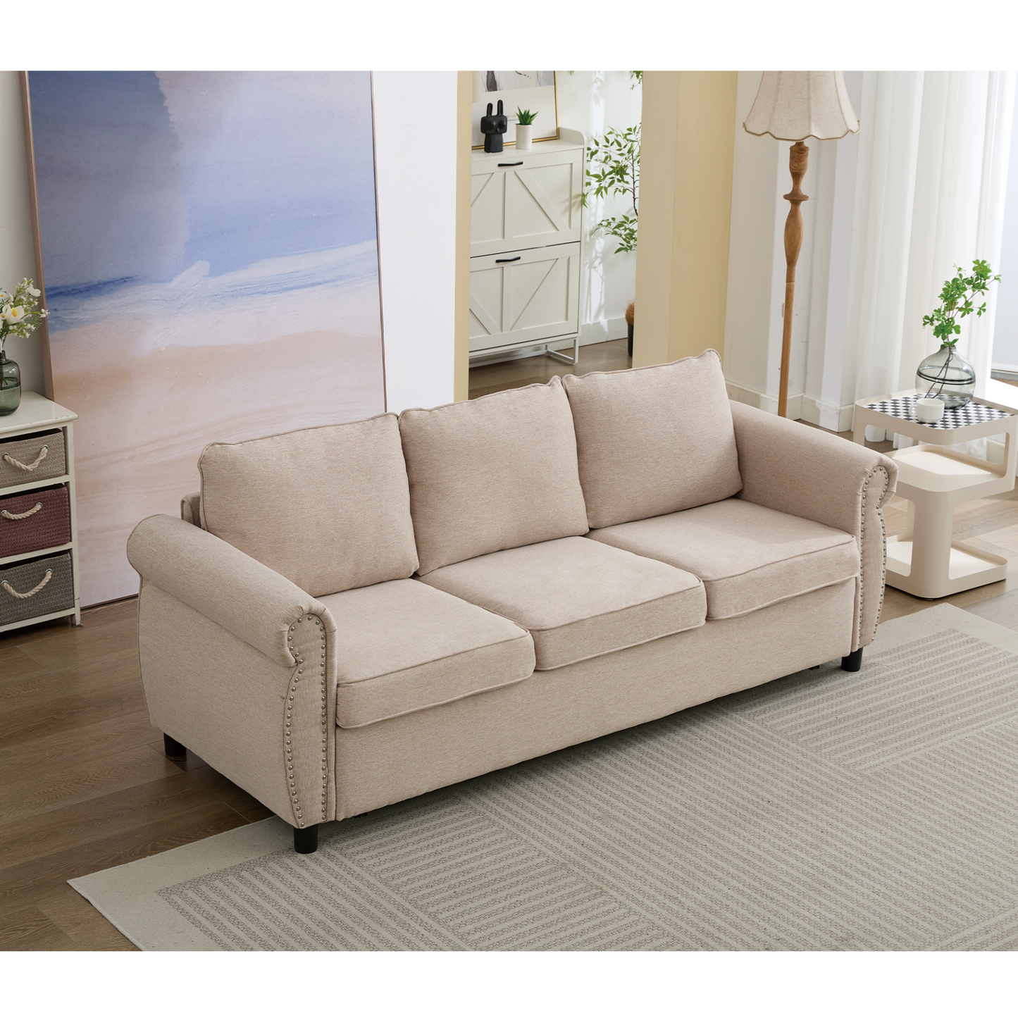 81.5" 2-in-1 Queen  Convertible Sleeper Sofa Bed,  Pull Out Couch Bed,3 seater sofa bed,with 3.35" Memory Foam Mattress ,Rivet handrail,Living Room, Apartment,  Beige