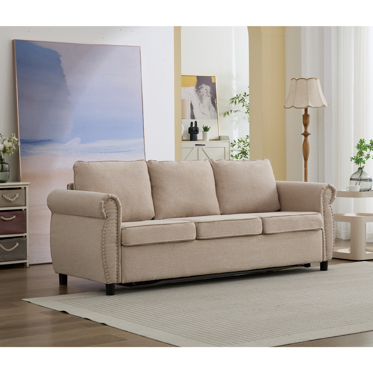 81.5" 2-in-1 Queen  Convertible Sleeper Sofa Bed,  Pull Out Couch Bed,3 seater sofa bed,with 3.35" Memory Foam Mattress ,Rivet handrail,Living Room, Apartment,  Beige