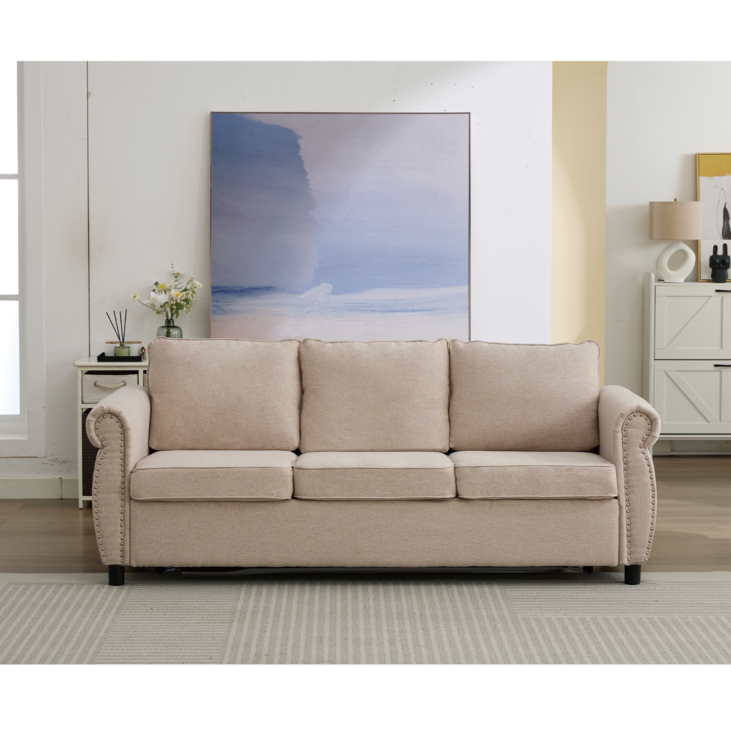 81.5" 2-in-1 Queen  Convertible Sleeper Sofa Bed,  Pull Out Couch Bed,3 seater sofa bed,with 3.35" Memory Foam Mattress ,Rivet handrail,Living Room, Apartment,  Beige