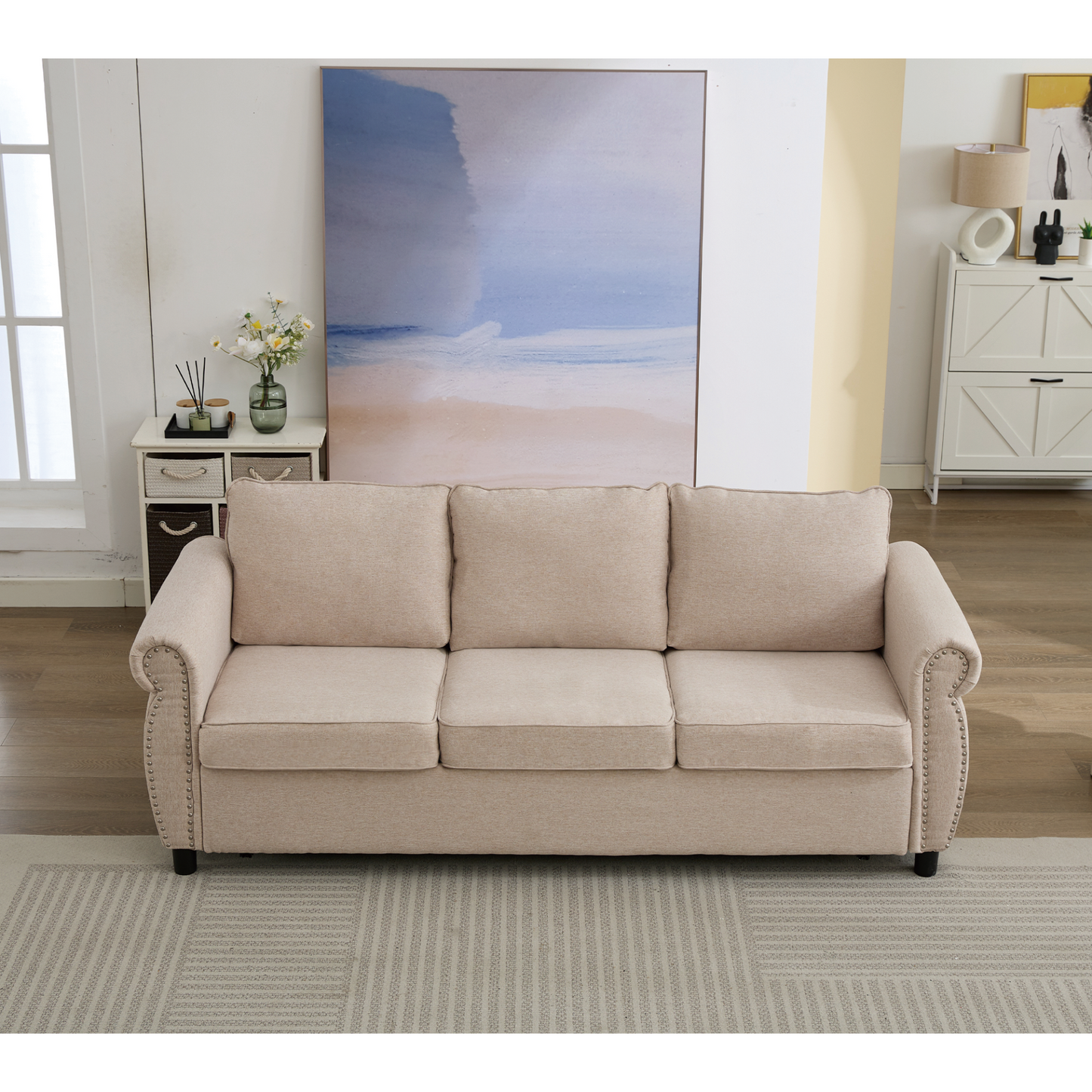 81.5" 2-in-1 Queen  Convertible Sleeper Sofa Bed,  Pull Out Couch Bed,3 seater sofa bed,with 3.35" Memory Foam Mattress ,Rivet handrail,Living Room, Apartment,  Beige