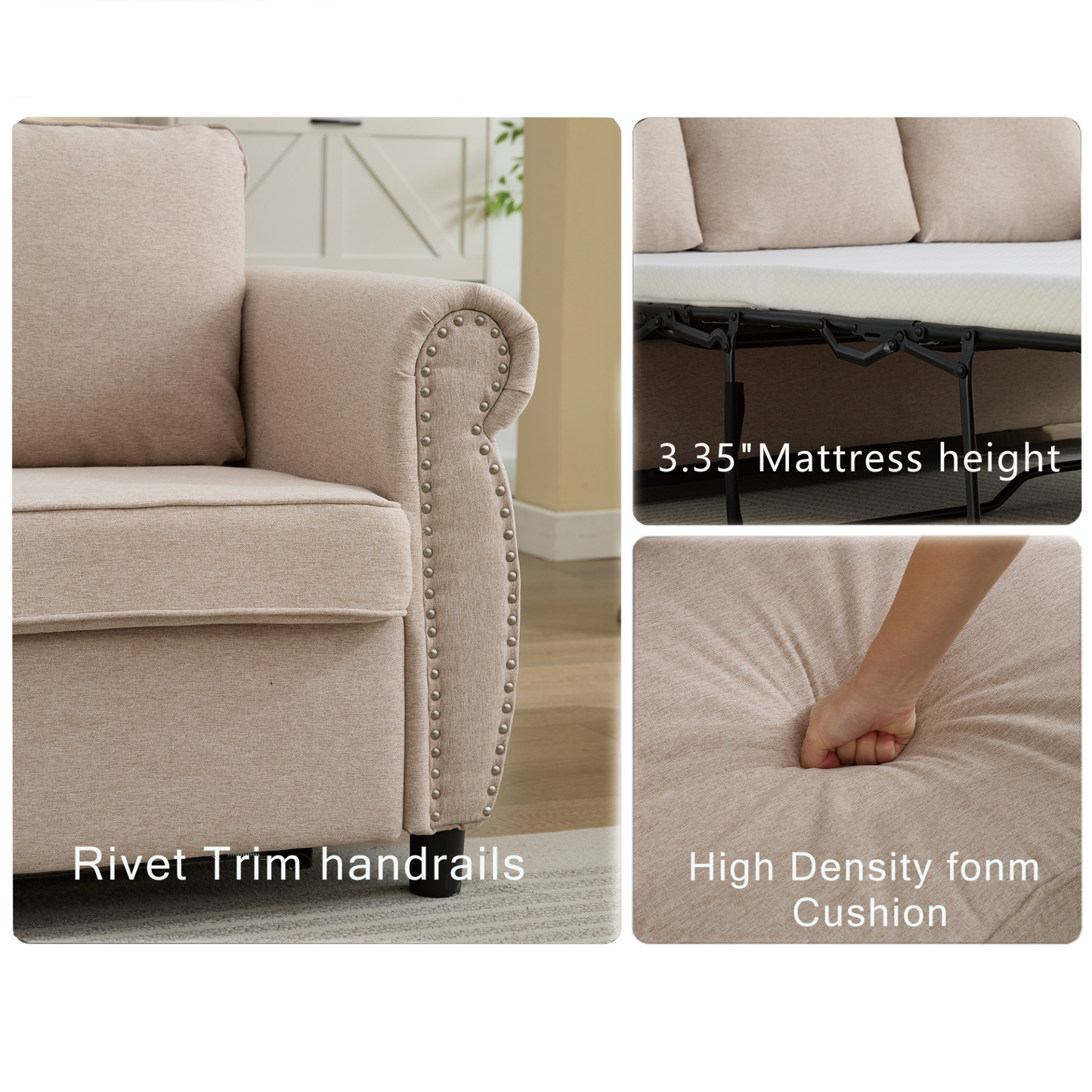81.5" 2-in-1 Queen  Convertible Sleeper Sofa Bed,  Pull Out Couch Bed,3 seater sofa bed,with 3.35" Memory Foam Mattress ,Rivet handrail,Living Room, Apartment,  Beige