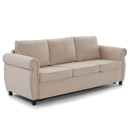 81.5" 2-in-1 Queen  Convertible Sleeper Sofa Bed,  Pull Out Couch Bed,3 seater sofa bed,with 3.35" Memory Foam Mattress ,Rivet handrail,Living Room, Apartment,  Beige