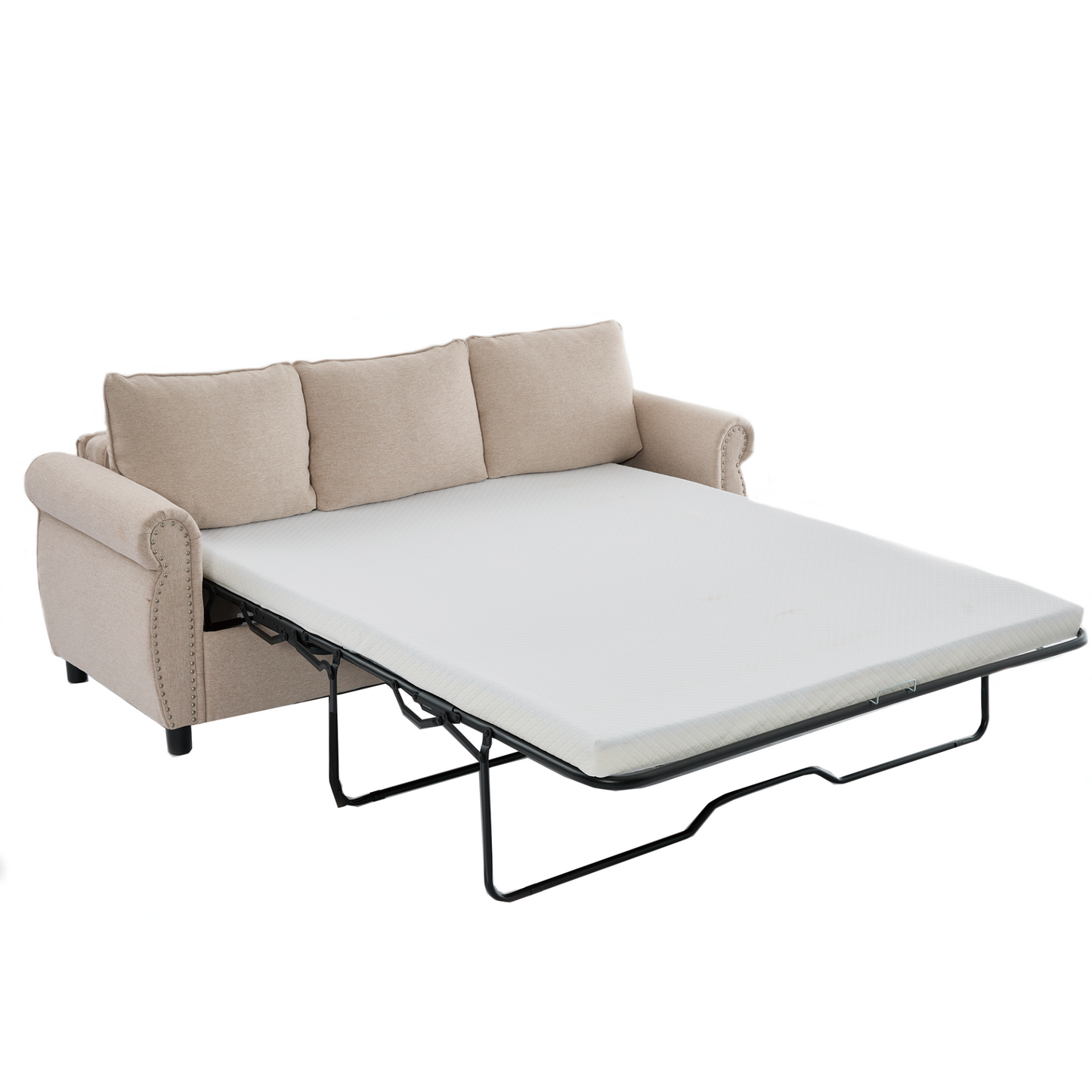 81.5" 2-in-1 Queen  Convertible Sleeper Sofa Bed,  Pull Out Couch Bed,3 seater sofa bed,with 3.35" Memory Foam Mattress ,Rivet handrail,Living Room, Apartment,  Beige