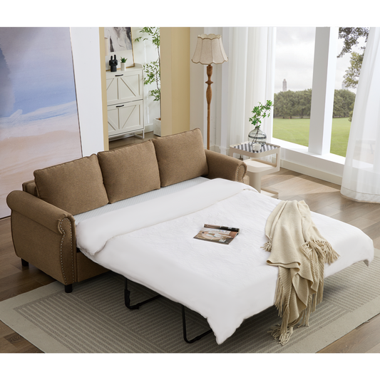 81.5" 2-in-1 Queen  Convertible Sleeper Sofa Bed,  Pull Out Couch Bed,3 seater sofa bed,with 3.35" Memory Foam Mattress ,Rivet handrail,Living Room, Apartment,  Brown