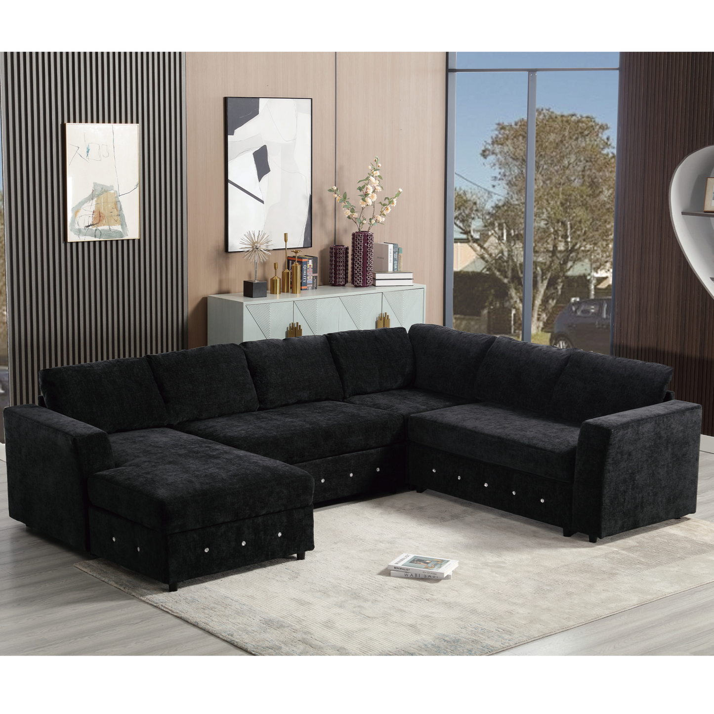 110.75" Sectional Sofa,Oversized modular sofa,Chaise Storage, Modern U Shaped  Couch , Upholstered Sofas,Chenille,Crystal button , Living Room, Apartment, Black