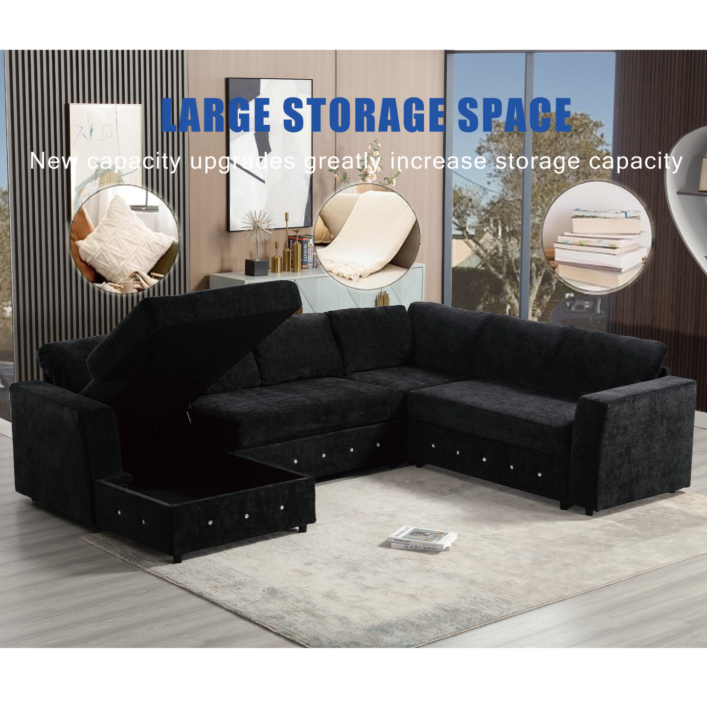 110.75" Sectional Sofa,Oversized modular sofa,Chaise Storage, Modern U Shaped  Couch , Upholstered Sofas,Chenille,Crystal button , Living Room, Apartment, Black