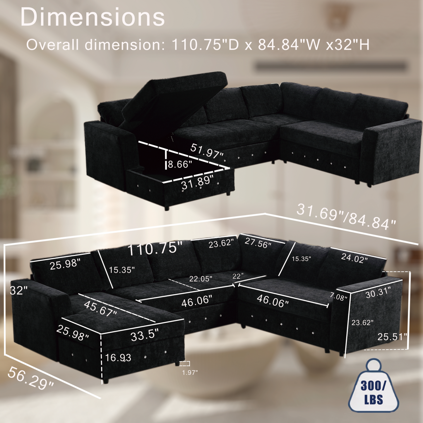 110.75" Sectional Sofa,Oversized modular sofa,Chaise Storage, Modern U Shaped  Couch , Upholstered Sofas,Chenille,Crystal button , Living Room, Apartment, Black