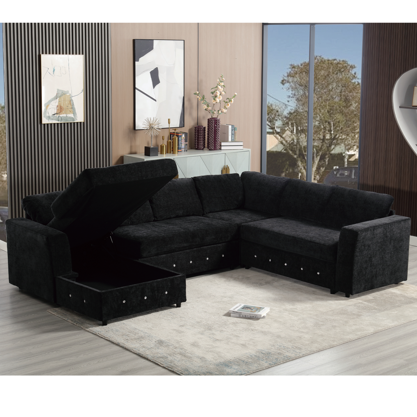 110.75" Sectional Sofa,Oversized modular sofa,Chaise Storage, Modern U Shaped  Couch , Upholstered Sofas,Chenille,Crystal button , Living Room, Apartment, Black