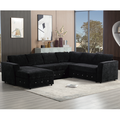 110.75" Sectional Sofa,Oversized modular sofa,Chaise Storage, Modern U Shaped  Couch , Upholstered Sofas,Chenille,Crystal button , Living Room, Apartment, Black