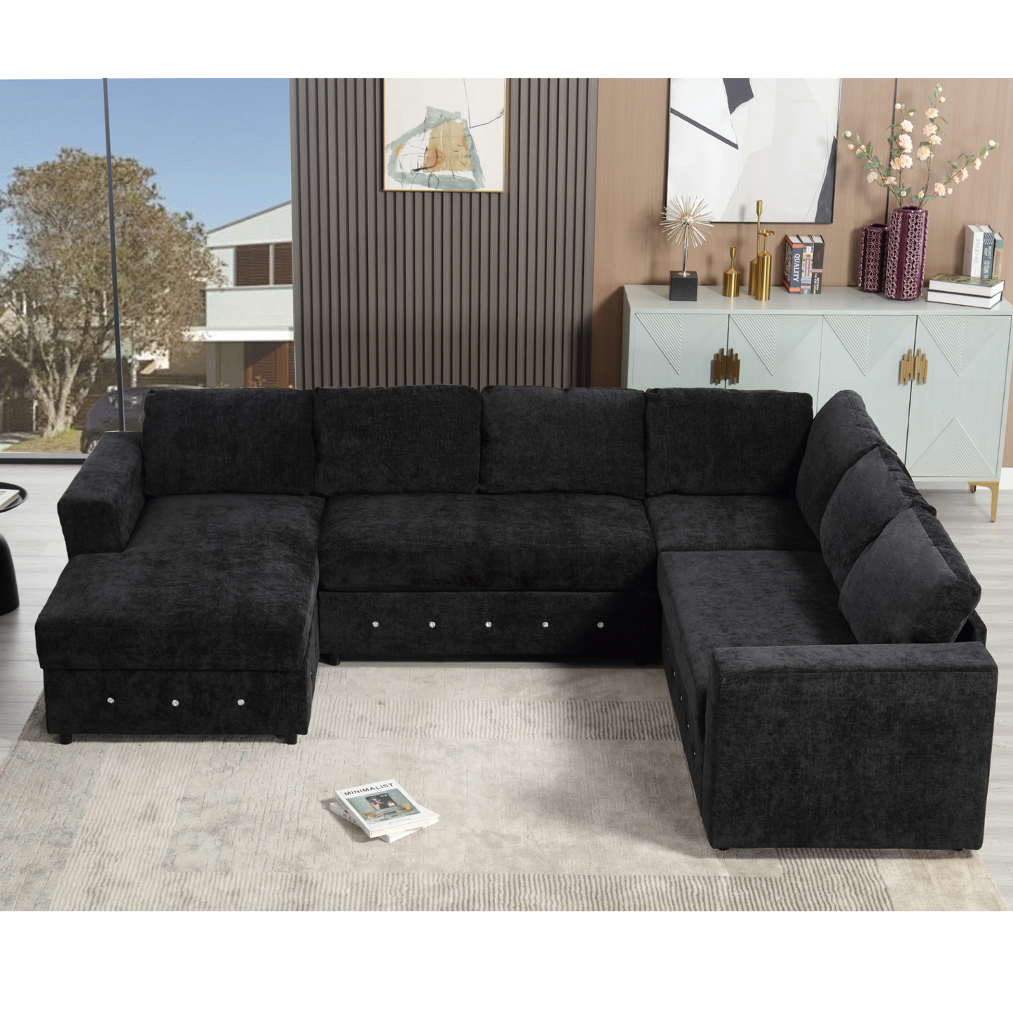 110.75" Sectional Sofa,Oversized modular sofa,Chaise Storage, Modern U Shaped  Couch , Upholstered Sofas,Chenille,Crystal button , Living Room, Apartment, Black