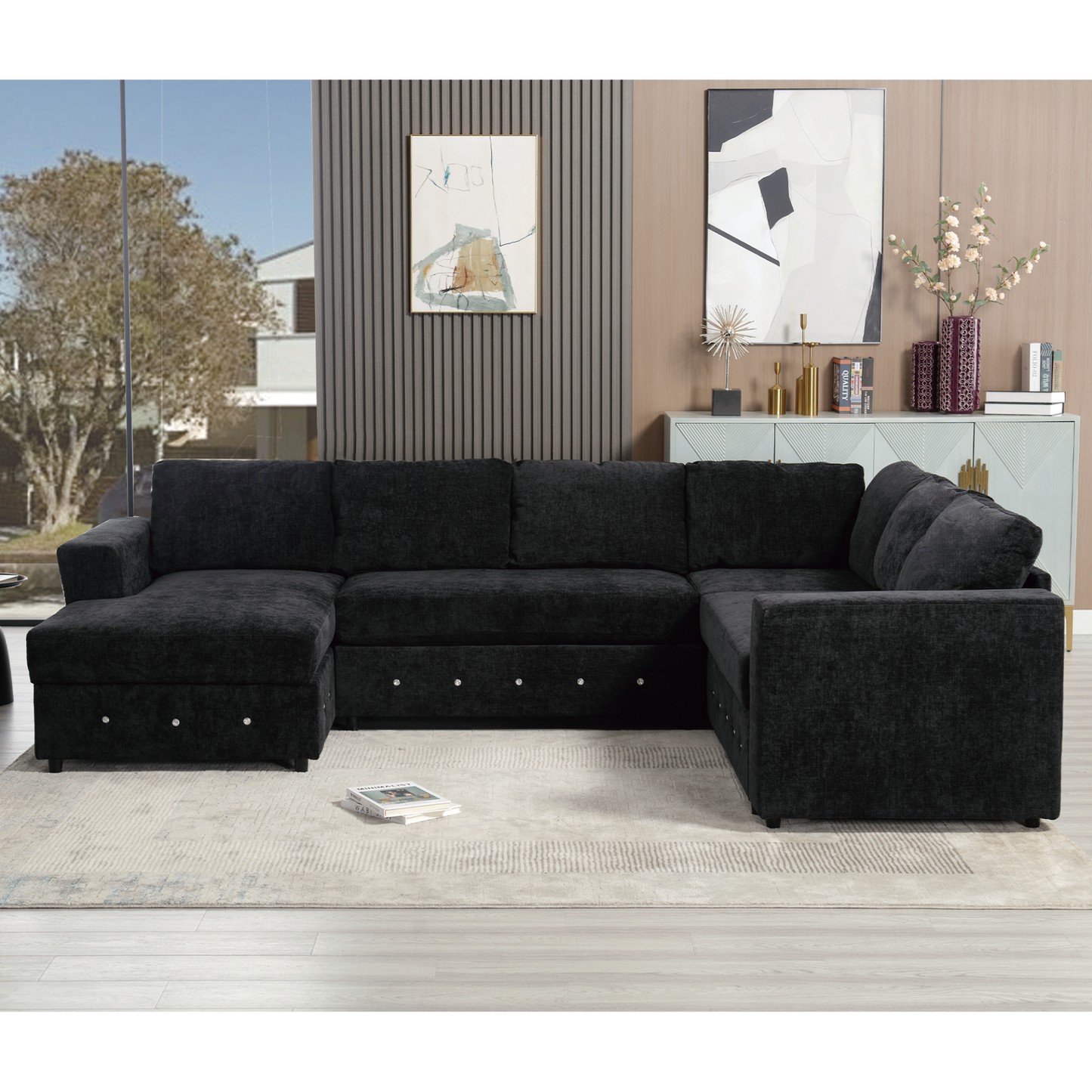 110.75" Sectional Sofa,Oversized modular sofa,Chaise Storage, Modern U Shaped  Couch , Upholstered Sofas,Chenille,Crystal button , Living Room, Apartment, Black