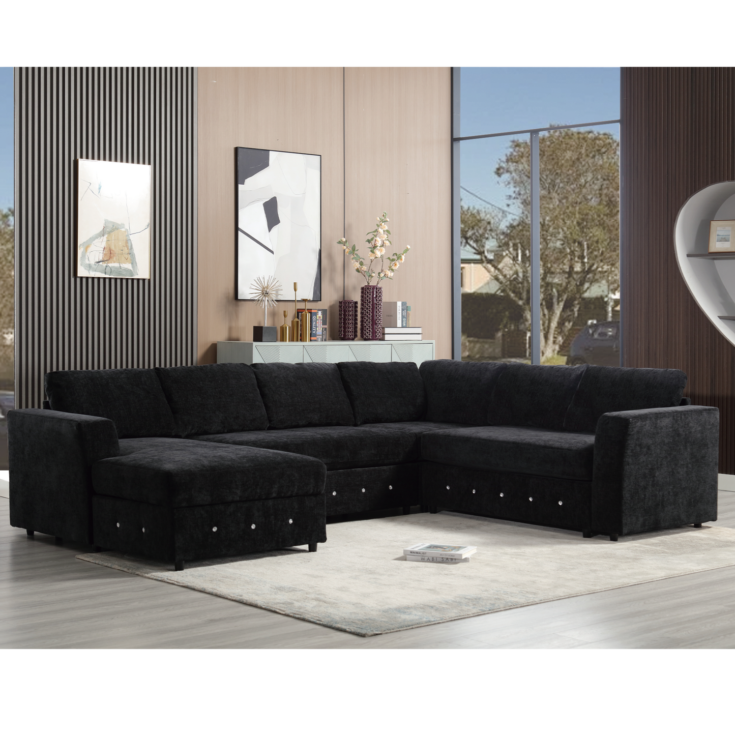 110.75" Sectional Sofa,Oversized modular sofa,Chaise Storage, Modern U Shaped  Couch , Upholstered Sofas,Chenille,Crystal button , Living Room, Apartment, Black