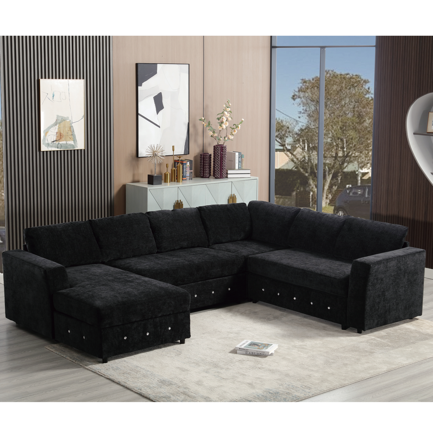 110.75" Sectional Sofa,Oversized modular sofa,Chaise Storage, Modern U Shaped  Couch , Upholstered Sofas,Chenille,Crystal button , Living Room, Apartment, Black