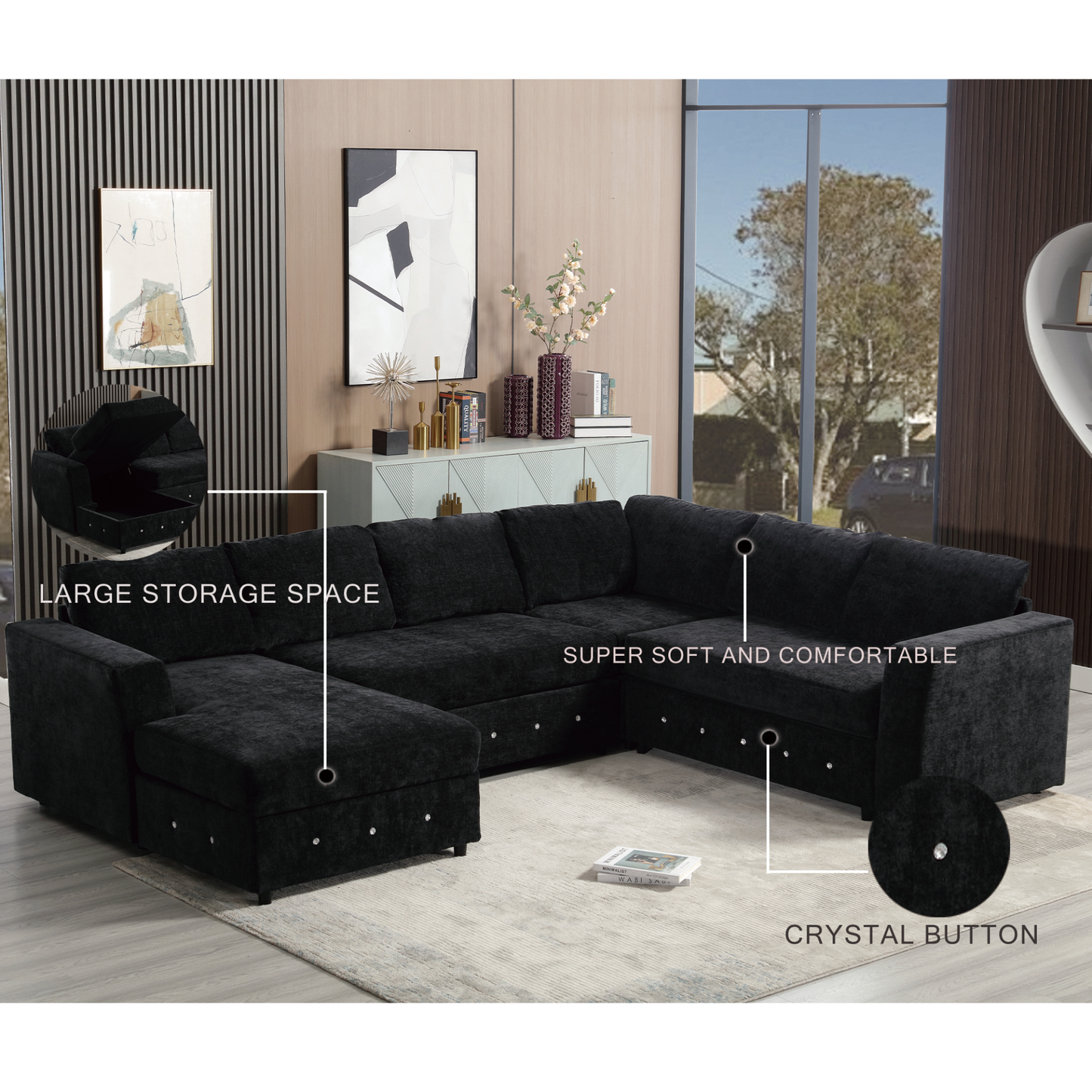 110.75" Sectional Sofa,Oversized modular sofa,Chaise Storage, Modern U Shaped  Couch , Upholstered Sofas,Chenille,Crystal button , Living Room, Apartment, Black