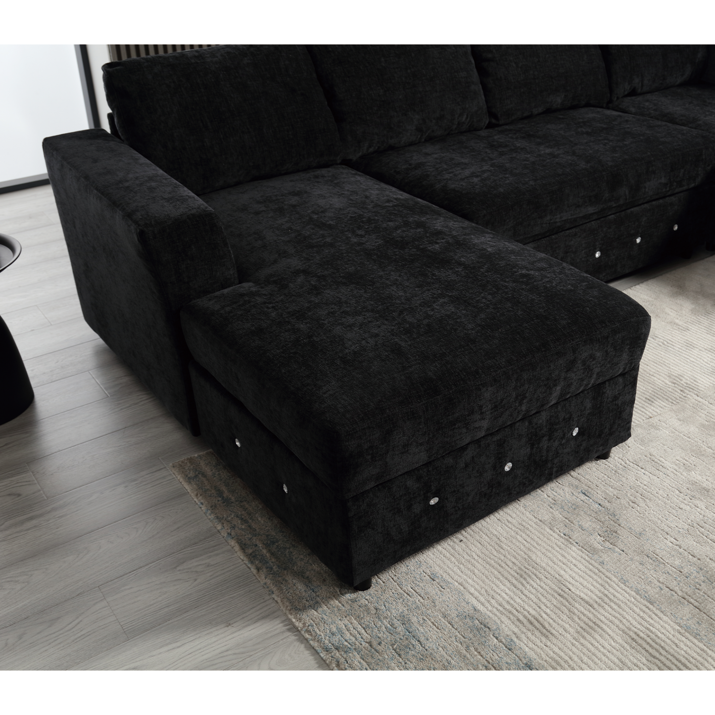 110.75" Sectional Sofa,Oversized modular sofa,Chaise Storage, Modern U Shaped  Couch , Upholstered Sofas,Chenille,Crystal button , Living Room, Apartment, Black
