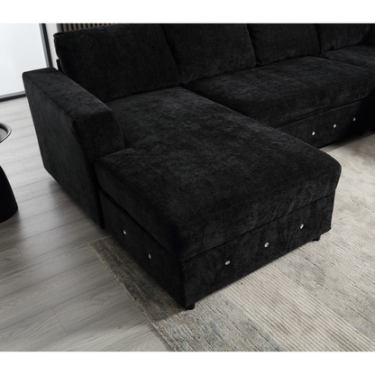 110.75" Sectional Sofa,Oversized modular sofa,Chaise Storage, Modern U Shaped  Couch , Upholstered Sofas,Chenille,Crystal button , Living Room, Apartment, Black
