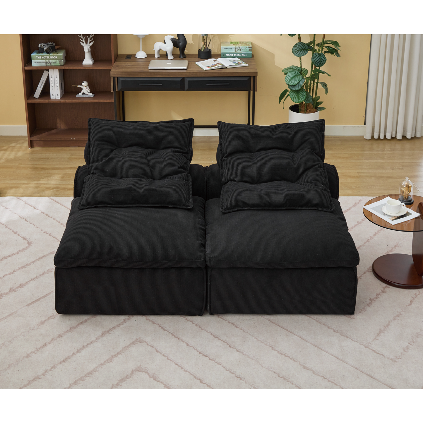 Modular Sofa,No Armrests,At will DIY,Soft Corduroy Fabric,Neck Pillow-Back Lounge Sofa Chair,Reading Nook, or Apartment Living, Lumbar Pillow,2 Seats,Upholstered,Black