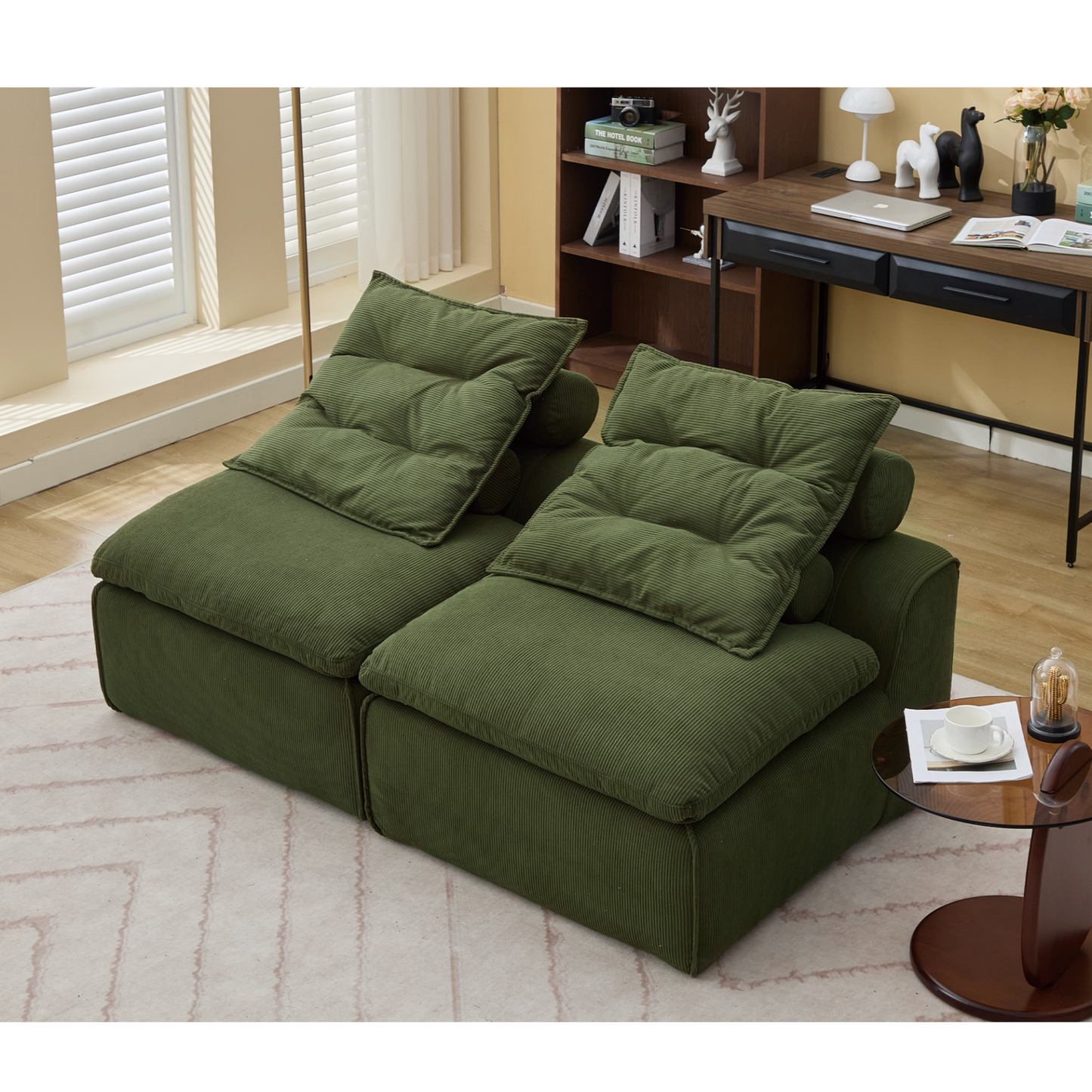 Modular Sofa,No Armrests,At will DIY,Soft Corduroy Fabric,Neck Pillow-Back Lounge Sofa Chair,Reading Nook, or Apartment Living, Lumbar Pillow,2 Seats,Upholstered,Green