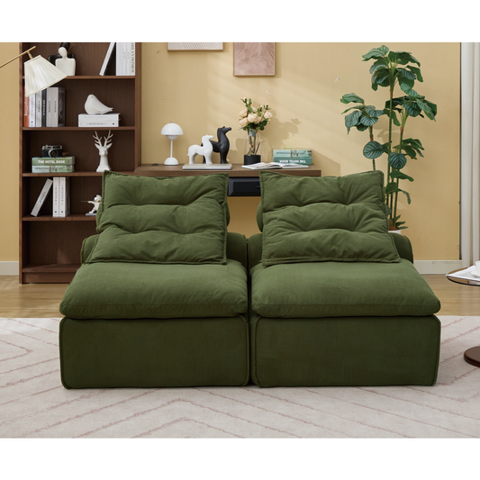 Modular Sofa,No Armrests,At will DIY,Soft Corduroy Fabric,Neck Pillow-Back Lounge Sofa Chair,Reading Nook, or Apartment Living, Lumbar Pillow,2 Seats,Upholstered,Green