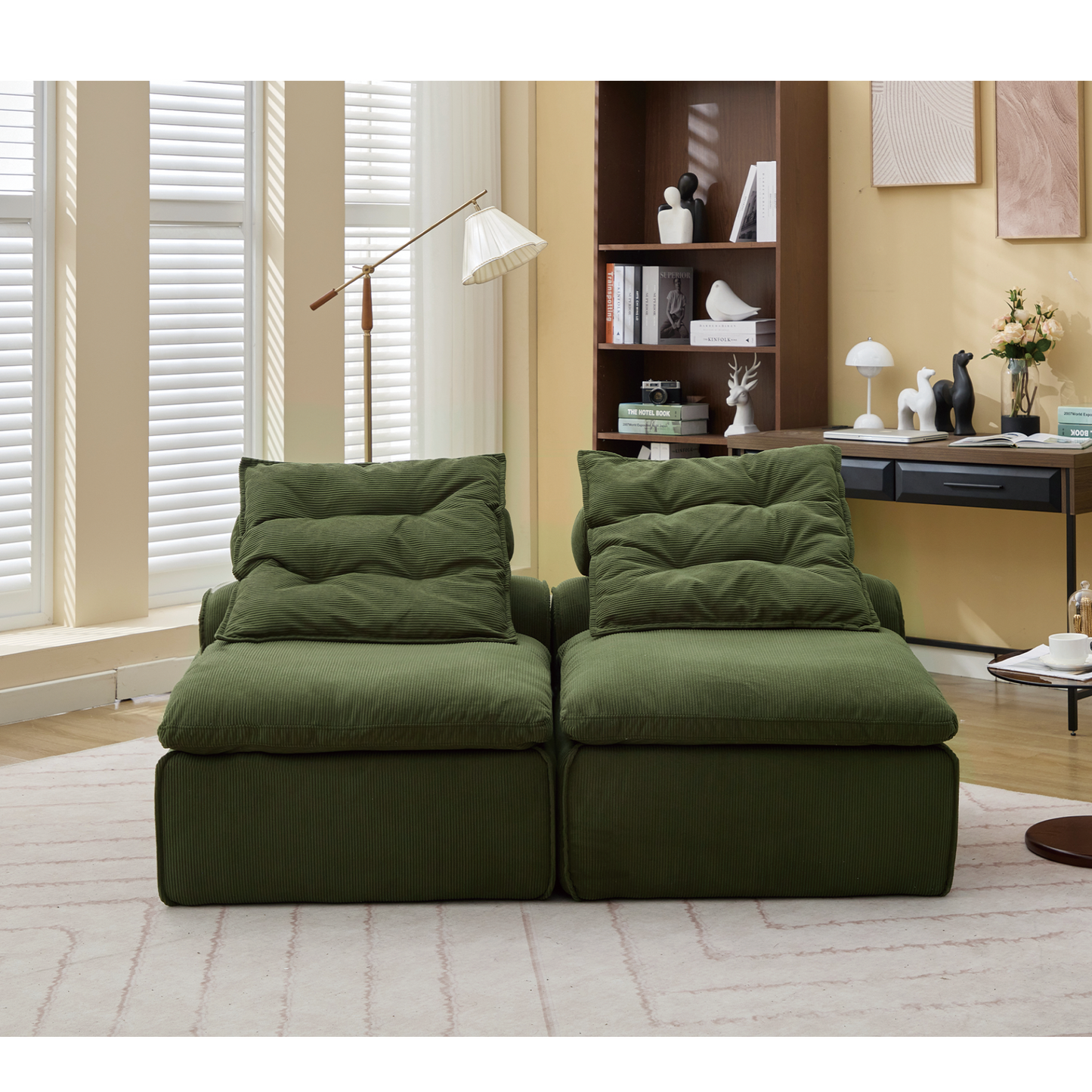 Modular Sofa,No Armrests,At will DIY,Soft Corduroy Fabric,Neck Pillow-Back Lounge Sofa Chair,Reading Nook, or Apartment Living, Lumbar Pillow,2 Seats,Upholstered,Green