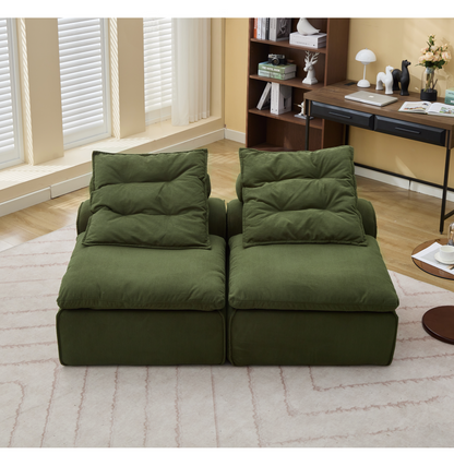 Modular Sofa,No Armrests,At will DIY,Soft Corduroy Fabric,Neck Pillow-Back Lounge Sofa Chair,Reading Nook, or Apartment Living, Lumbar Pillow,2 Seats,Upholstered,Green