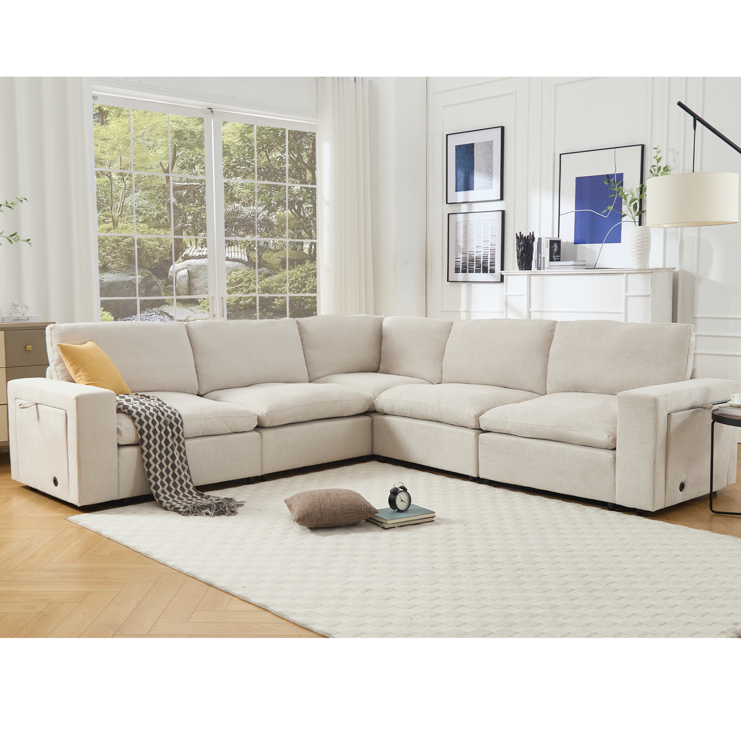Sectional Couches For Living Room,Modular Couch,Wireless Charging Port & Cup Holders,5-seat ,DIY Combination,L-shaped Sofa,Book Storage Space,Soft Linen Fabric,Beige