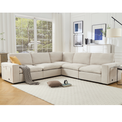 Sectional Couches For Living Room,Modular Couch,Wireless Charging Port & Cup Holders,5-seat ,DIY Combination,L-shaped Sofa,Book Storage Space,Soft Linen Fabric,Beige