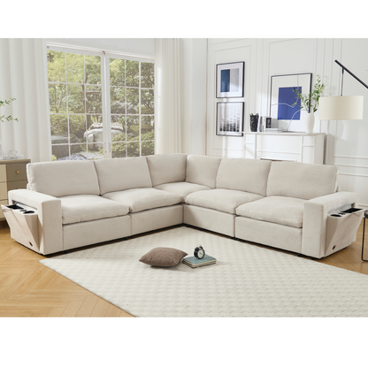 Sectional Couches For Living Room,Modular Couch,Wireless Charging Port & Cup Holders,5-seat ,DIY Combination,L-shaped Sofa,Book Storage Space,Soft Linen Fabric,Beige