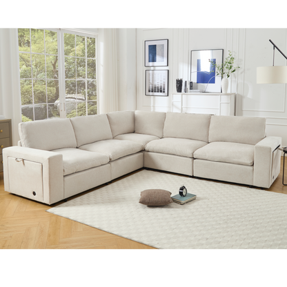 Sectional Couches For Living Room,Modular Couch,Wireless Charging Port & Cup Holders,5-seat ,DIY Combination,L-shaped Sofa,Book Storage Space,Soft Linen Fabric,Beige