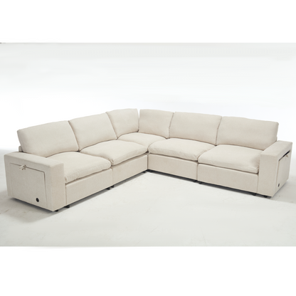Sectional Couches For Living Room,Modular Couch,Wireless Charging Port & Cup Holders,5-seat ,DIY Combination,L-shaped Sofa,Book Storage Space,Soft Linen Fabric,Beige