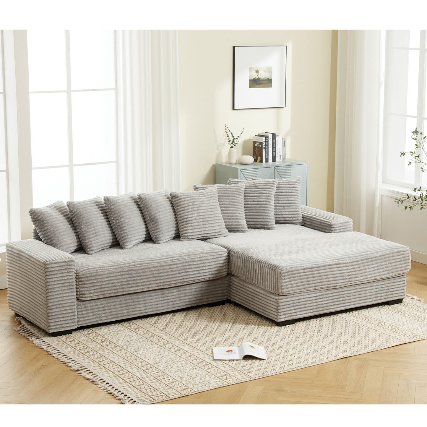 Oversized Two-Piece Couches, L Shaped Sofa, Corduroy, Right Chaise Daybed,with Armrests,Eight Throw Pillows,Corner Sofa,Easy To Assemble, Gray
