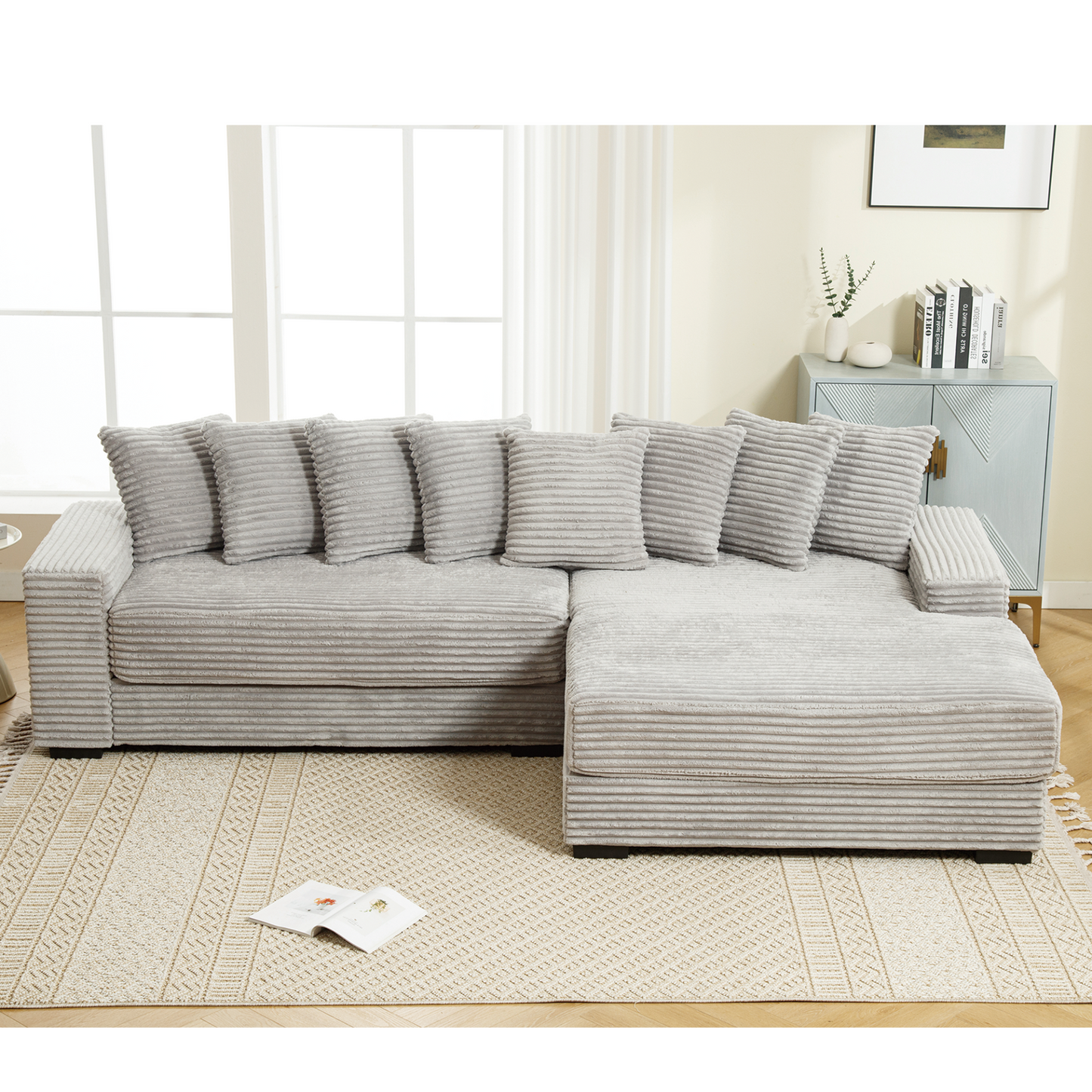 Oversized Two-Piece Couches, L Shaped Sofa, Corduroy, Right Chaise Daybed,with Armrests,Eight Throw Pillows,Corner Sofa,Easy To Assemble, Gray