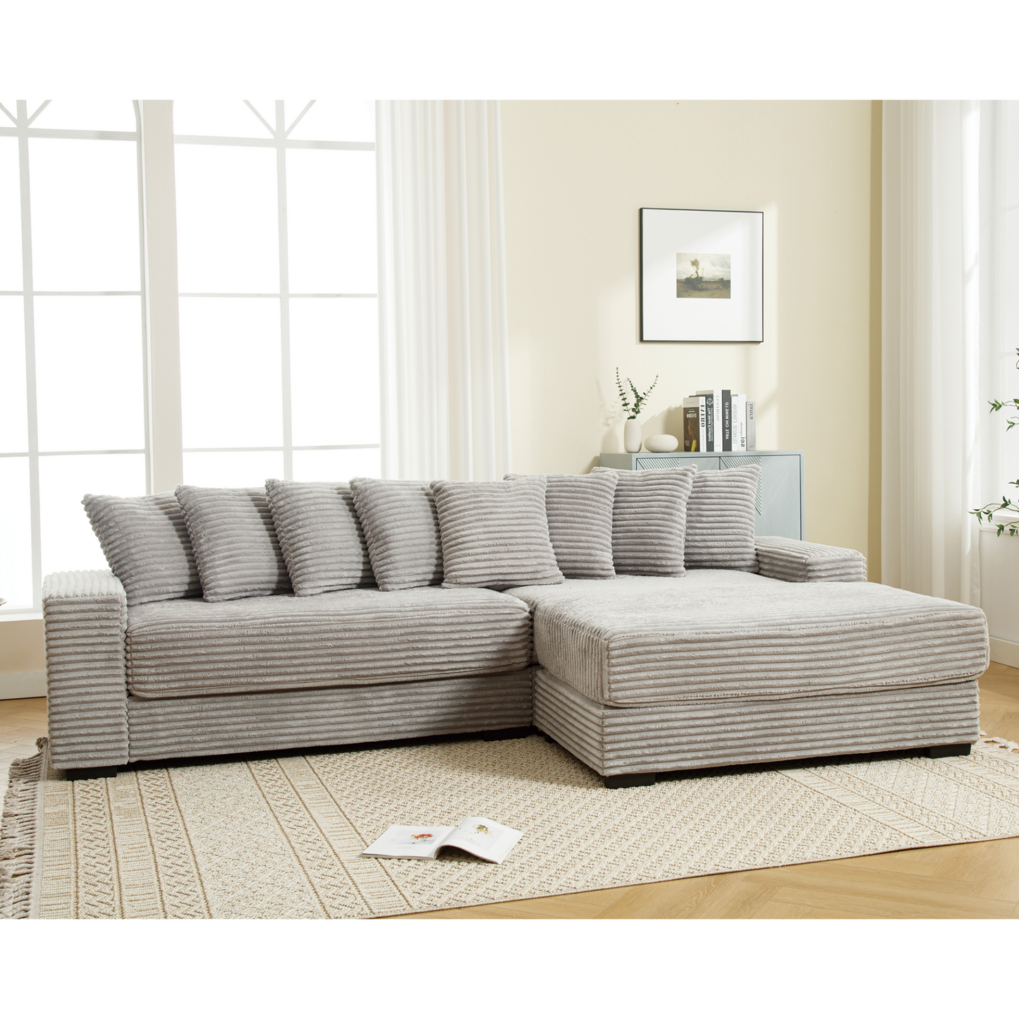Oversized Two-Piece Couches, L Shaped Sofa, Corduroy, Right Chaise Daybed,with Armrests,Eight Throw Pillows,Corner Sofa,Easy To Assemble, Gray