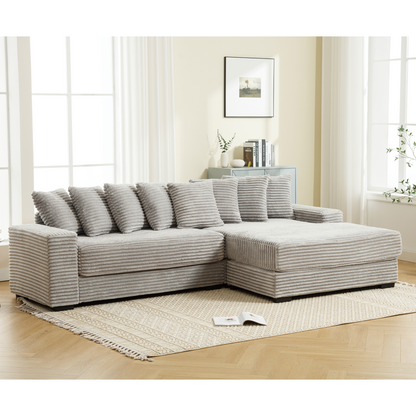 Oversized Two-Piece Couches, L Shaped Sofa, Corduroy, Right Chaise Daybed,with Armrests,Eight Throw Pillows,Corner Sofa,Easy To Assemble, Gray