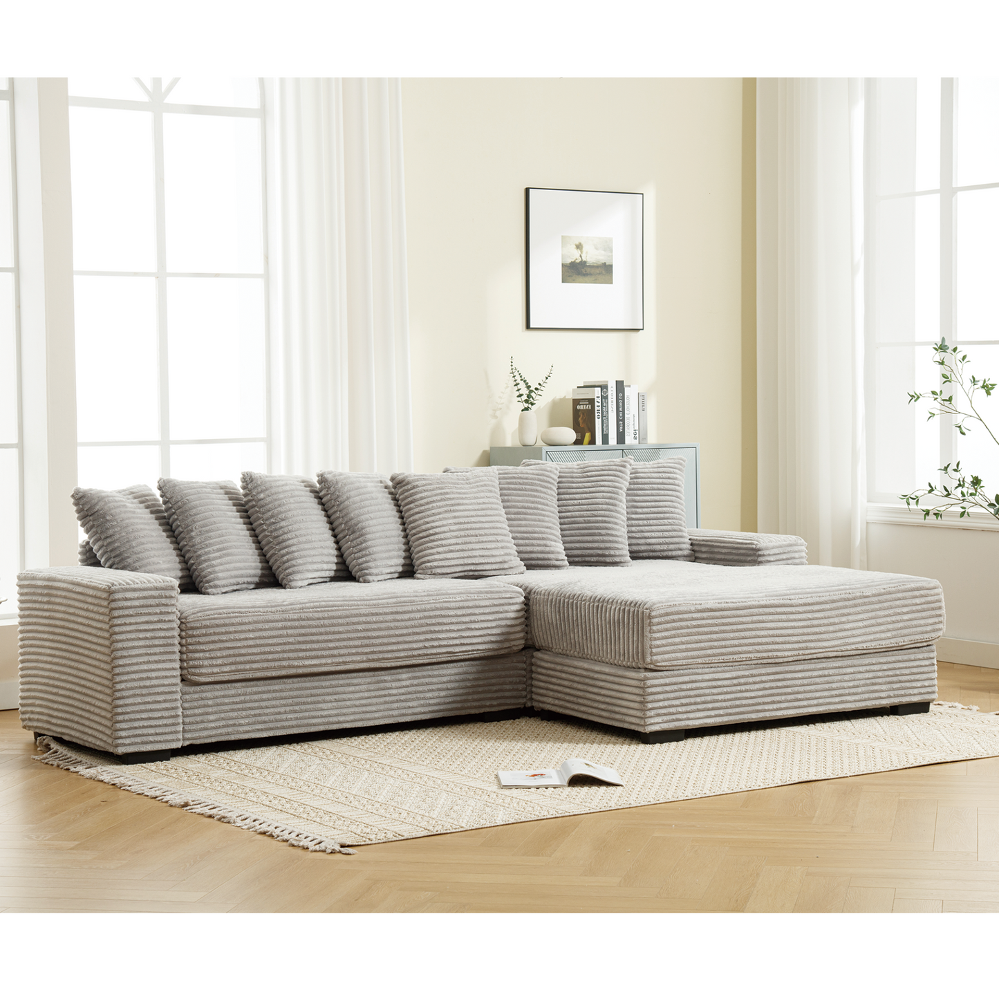Oversized Two-Piece Couches, L Shaped Sofa, Corduroy, Right Chaise Daybed,with Armrests,Eight Throw Pillows,Corner Sofa,Easy To Assemble, Gray
