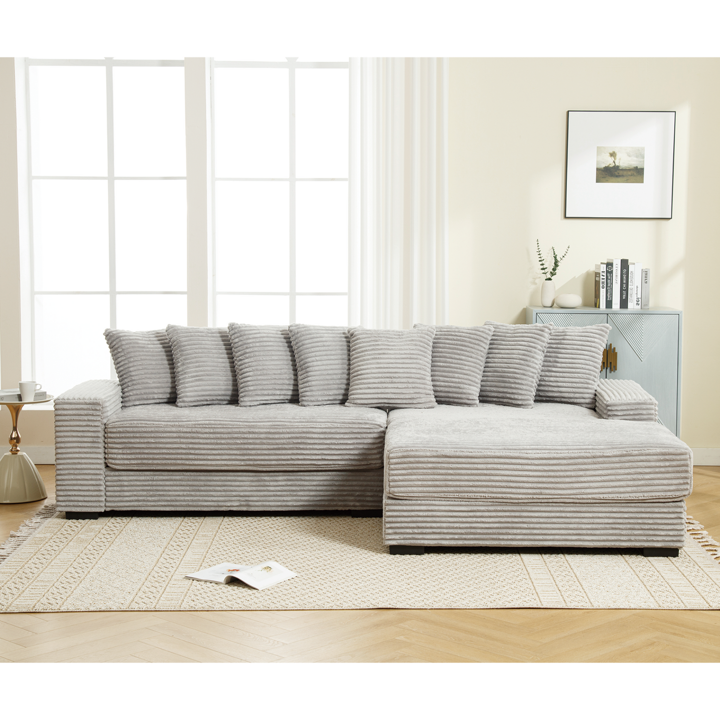 Oversized Two-Piece Couches, L Shaped Sofa, Corduroy, Right Chaise Daybed,with Armrests,Eight Throw Pillows,Corner Sofa,Easy To Assemble, Gray