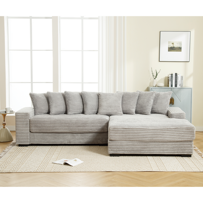 Oversized Two-Piece Couches, L Shaped Sofa, Corduroy, Right Chaise Daybed,with Armrests,Eight Throw Pillows,Corner Sofa,Easy To Assemble, Gray