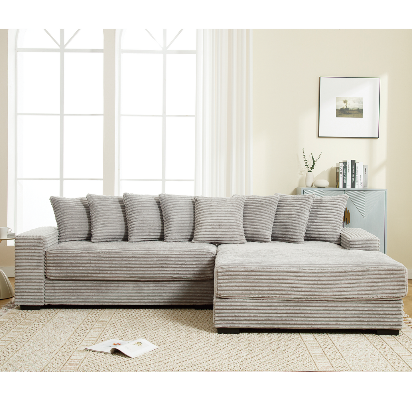 Oversized Two-Piece Couches, L Shaped Sofa, Corduroy, Right Chaise Daybed,with Armrests,Eight Throw Pillows,Corner Sofa,Easy To Assemble, Gray