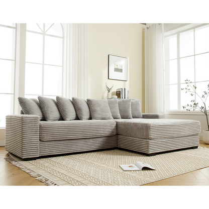 Oversized Two-Piece Couches, L Shaped Sofa, Corduroy, Right Chaise Daybed,with Armrests,Eight Throw Pillows,Corner Sofa,Easy To Assemble, Gray