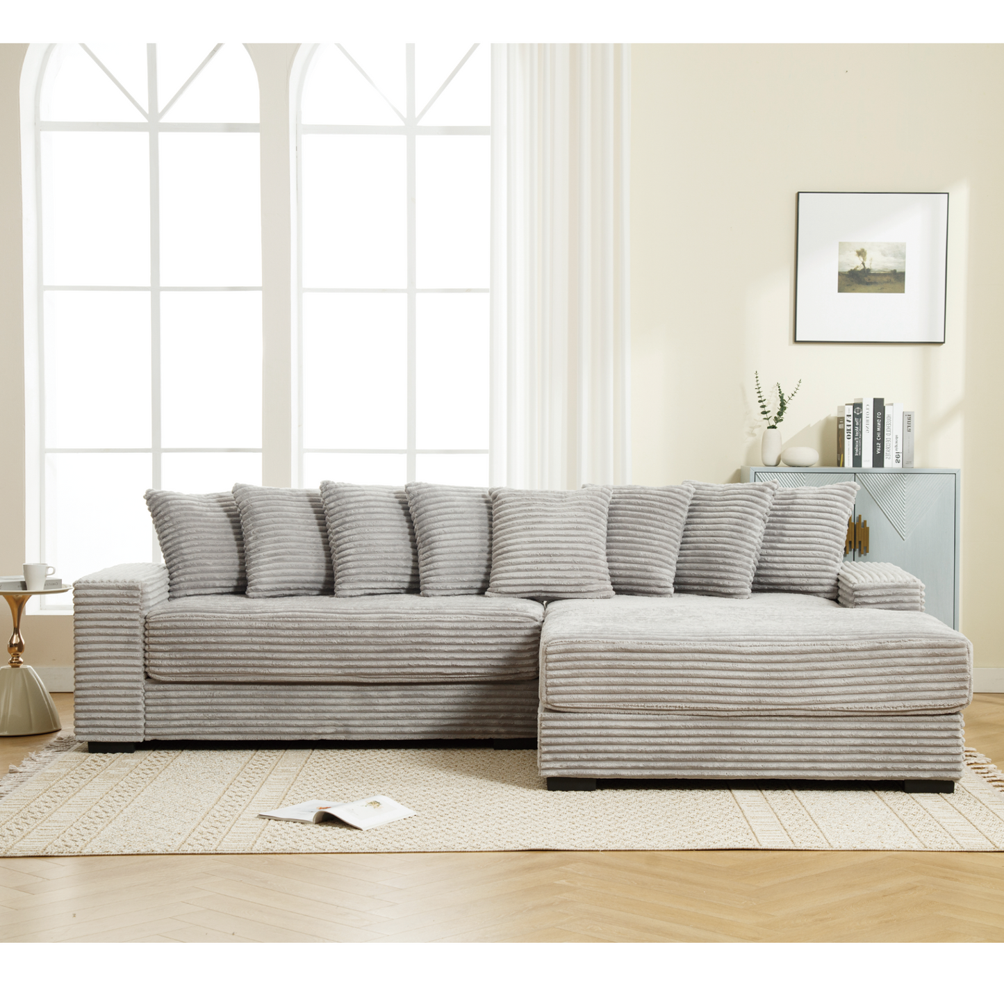 Oversized Two-Piece Couches, L Shaped Sofa, Corduroy, Right Chaise Daybed,with Armrests,Eight Throw Pillows,Corner Sofa,Easy To Assemble, Gray
