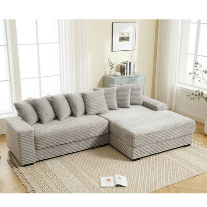 Oversized Two-Piece Couches, L Shaped Sofa, Corduroy, Right Chaise Daybed,with Armrests,Eight Throw Pillows,Corner Sofa,Easy To Assemble, Gray