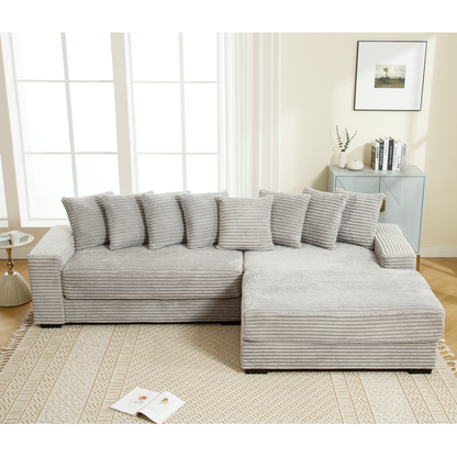 Oversized Two-Piece Couches, L Shaped Sofa, Corduroy, Right Chaise Daybed,with Armrests,Eight Throw Pillows,Corner Sofa,Easy To Assemble, Gray