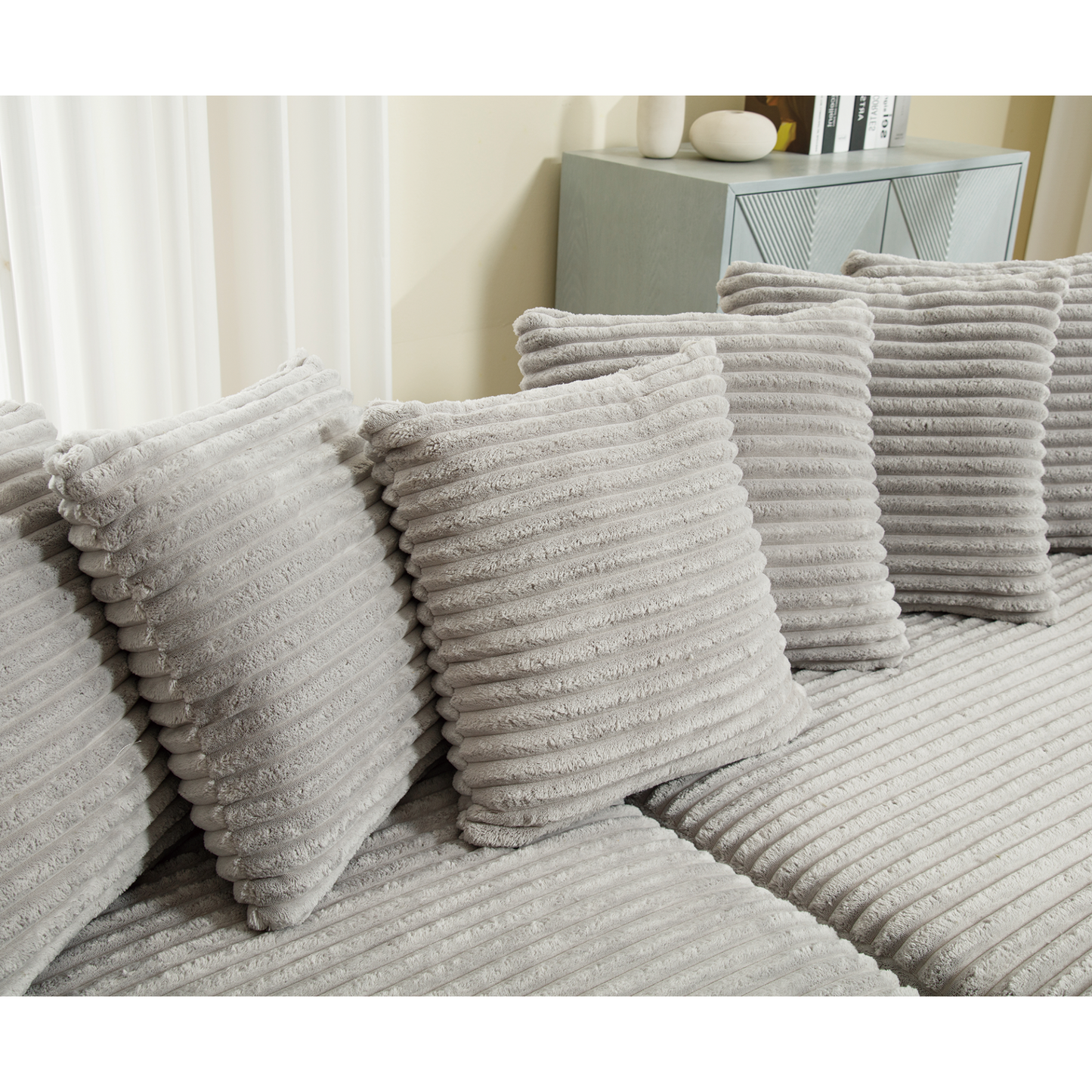 Oversized Two-Piece Couches, L Shaped Sofa, Corduroy, Right Chaise Daybed,with Armrests,Eight Throw Pillows,Corner Sofa,Easy To Assemble, Gray