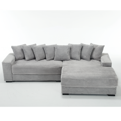 Oversized Two-Piece Couches, L Shaped Sofa, Corduroy, Right Chaise Daybed,with Armrests,Eight Throw Pillows,Corner Sofa,Easy To Assemble, Gray