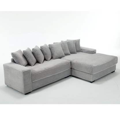 Oversized Two-Piece Couches, L Shaped Sofa, Corduroy, Right Chaise Daybed,with Armrests,Eight Throw Pillows,Corner Sofa,Easy To Assemble, Gray