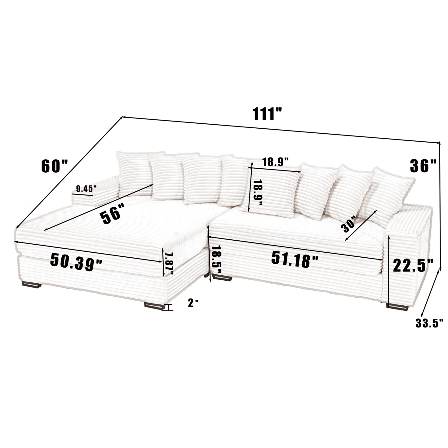 Oversized Two-Piece  Couches,  L Shaped Sofa, Corduroy, Left Chaise Daybed,with Armrests,Eight Throw Pillows,Corner Sofa,Easy To Assemble, Beige