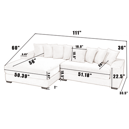 Oversized Two-Piece  Couches,  L Shaped Sofa, Corduroy, Left Chaise Daybed,with Armrests,Eight Throw Pillows,Corner Sofa,Easy To Assemble, Beige