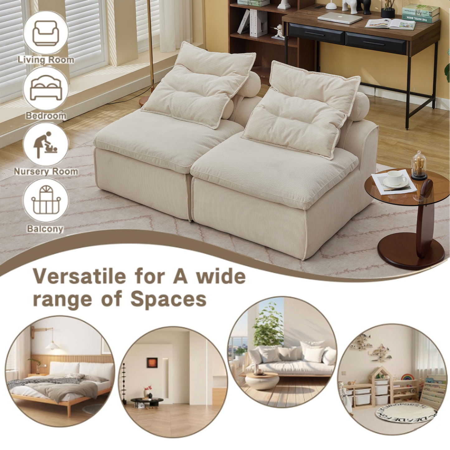 Modular Sofa,No Armrests,At will DIY,Soft Corduroy Fabric,Neck Pillow-Back Lounge Sofa Chair,Reading Nook, or Apartment Living, Lumbar Pillow,2 Seats,Upholstered,Beige