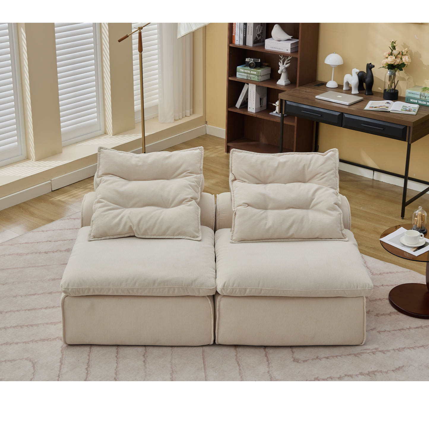 Modular Sofa,No Armrests,At will DIY,Soft Corduroy Fabric,Neck Pillow-Back Lounge Sofa Chair,Reading Nook, or Apartment Living, Lumbar Pillow,2 Seats,Upholstered,Beige